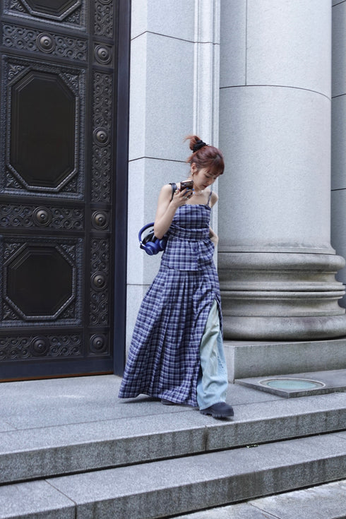 チェックスリットボタンスカート